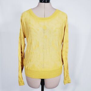 CAbi Women's Sweater Medium Yellow Ochre Burnout Sheer Cotton Blend Long Sleeve